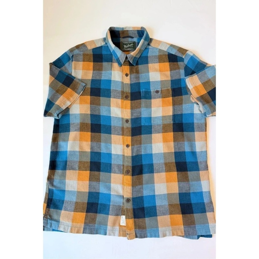 Woolrich Mens Large Plaid Short Sleeve Button Up Shirt Blue Orange Cotton